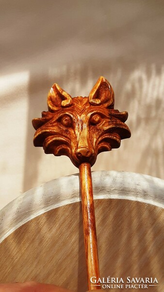 Stylized fox pattern hairpin, hair ornament carved from ash wood