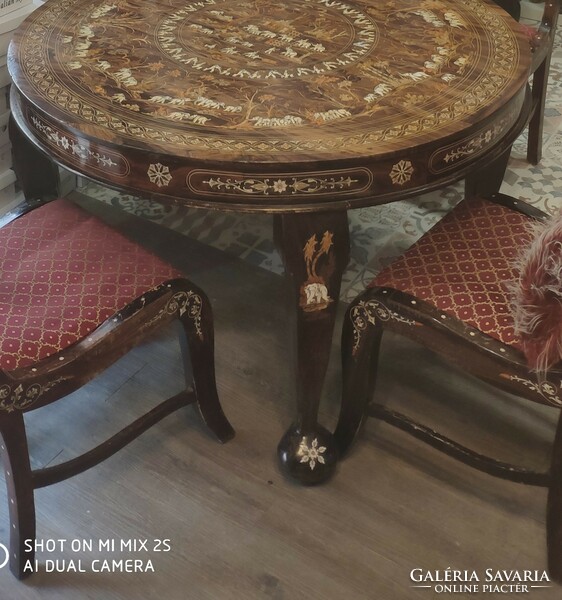 Indian, ivory bone/wood/mother-of-pearl inlaid round table with 4 chairs