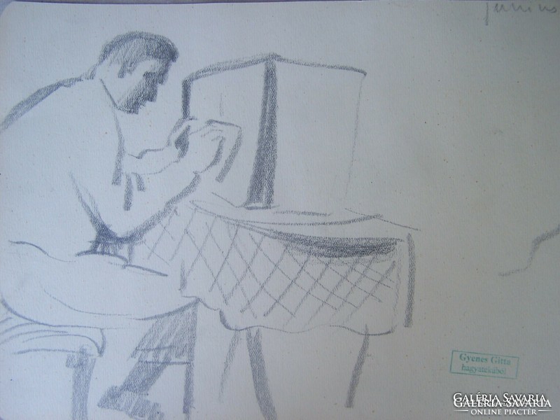 Gyenes Gitta (1888 - 1960) Rádiót hallgató- üvegezett keretben