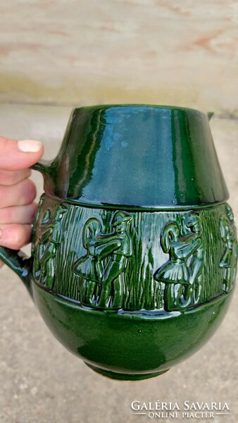 Folk pattern ceramic jug green eosin glaze pouring jug with folk dancing pattern