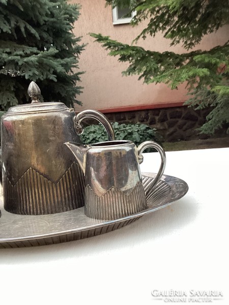 Art deco silver-plated tray with Sandrik mark with teapot and cake holder.