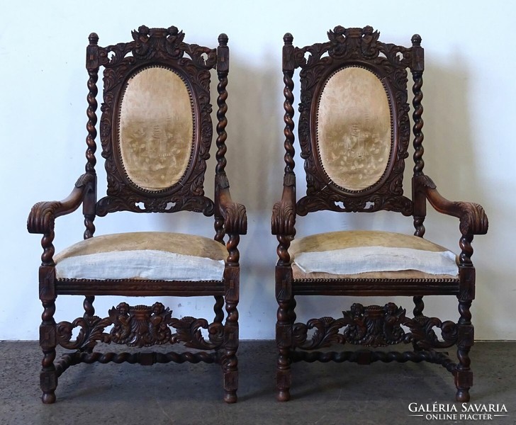 1Q563 pair of antique carved upholstered angel ornate throne chairs