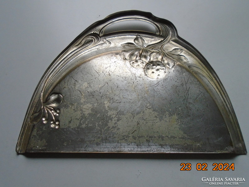 Silver-plated Art Nouveau handmade wall decoration crumb tray decorated with repoussé fruit and flowers