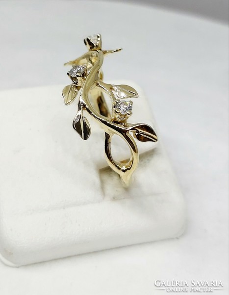 Gold, leafy, stone women's ring, goldsmith's work