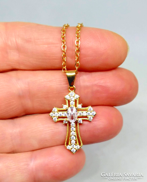 Gold-plated clear cz crystal cross pendant necklace 257