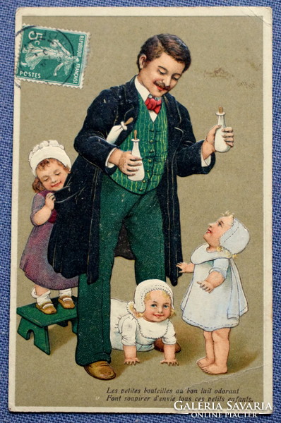 Antique embossed greeting card - father, 3 children. 3 Baby bottles