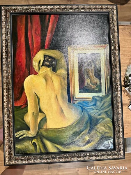"Modell" cimű olaj Vaskó Éva festmény