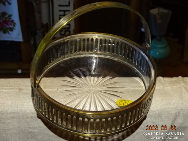 Silver-plated art deco bonbon bowl with tilting handle and original glass