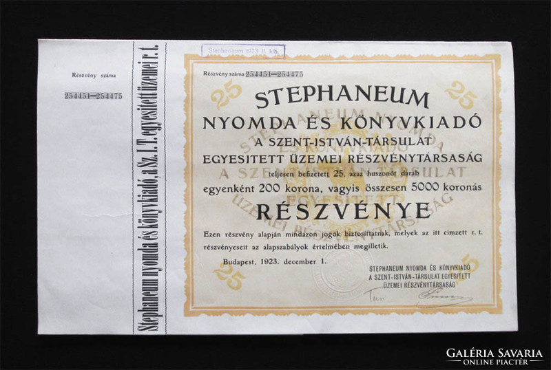 Stephaneum printing house - Szent István troupe share 25x200 crowns 1923