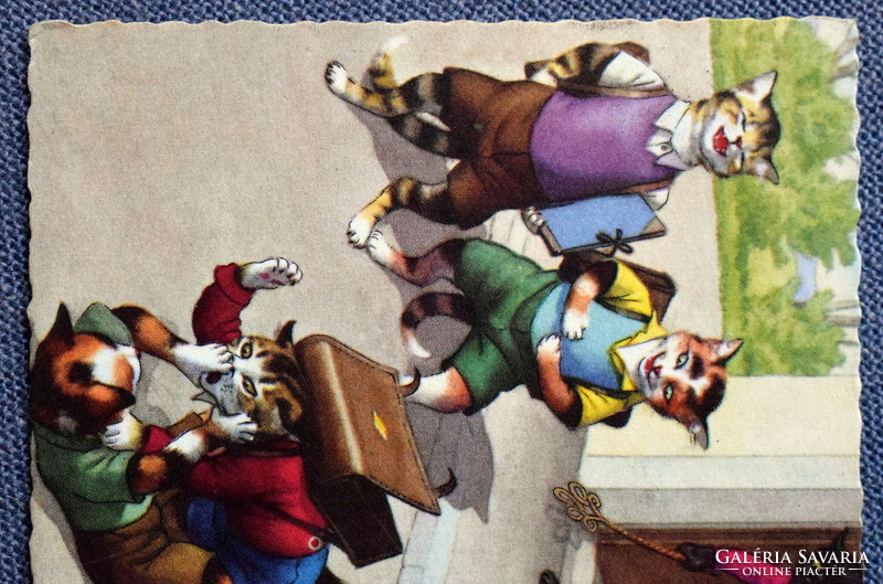 Old retro humorous graphic postcard cat fight at school