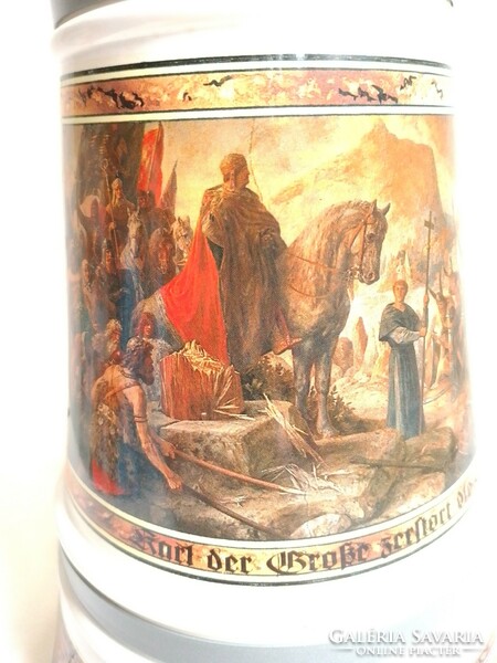 Hatalmas 2 l német üveg sörös krigli korsó demizson Nagy Károly jelenet fém fül csatos fedeles