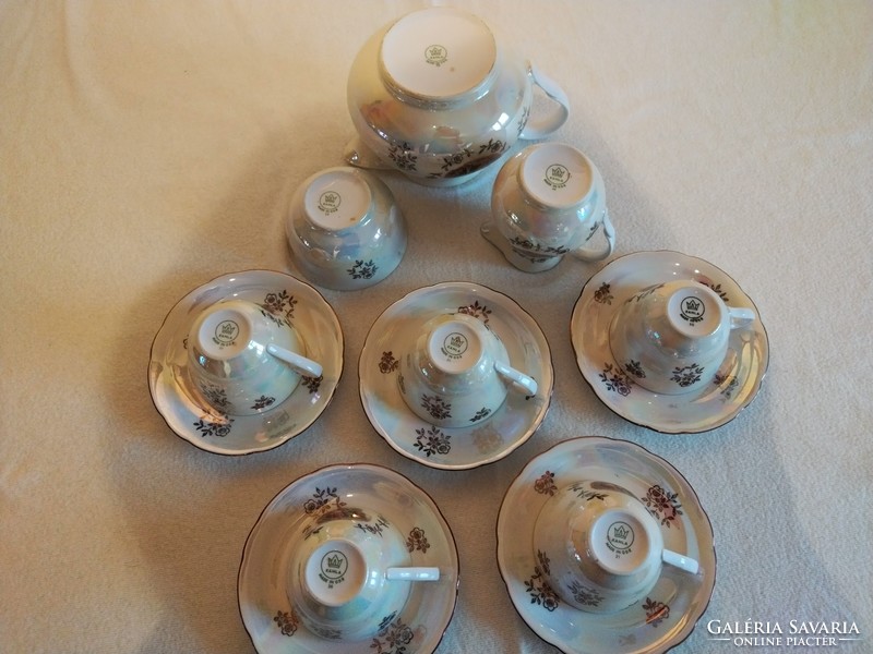 Lüsztermázas, jelenetes német Kahla porcelán teás készlet
