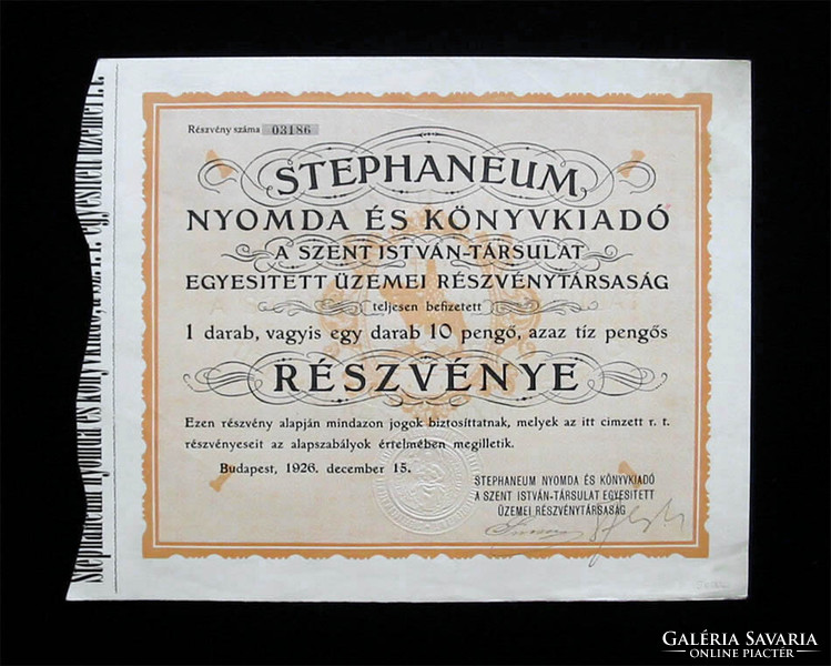 Stephaneum printing house - szent istván troupe share 10 pengő 1926