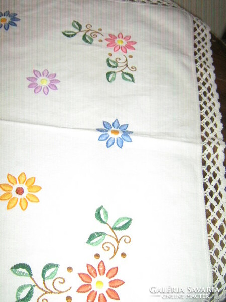 Beautiful hand-embroidered antique lace-edged colorful floral woven linen tablecloth