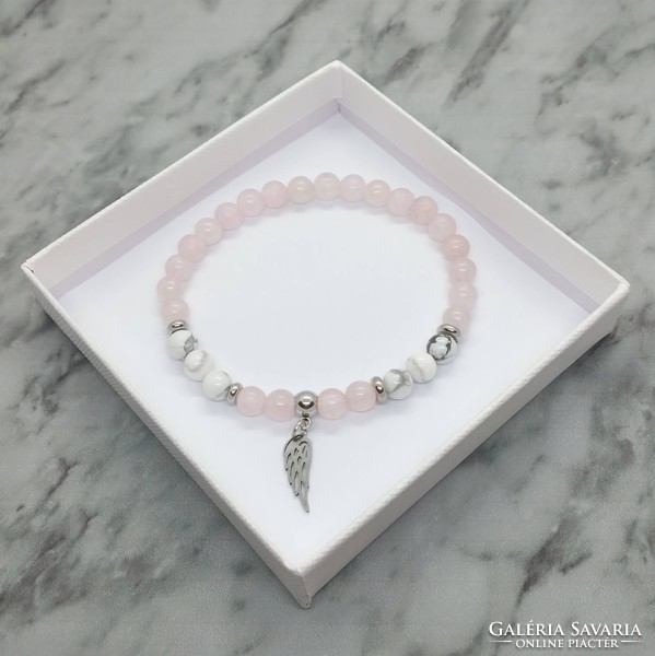 Rose quartz and howlite mineral bracelet with stainless steel spacer