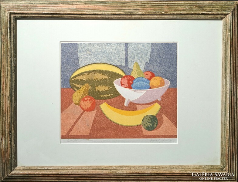 Sándor Jánosi: still life (framed color graphic) fruits on the table, bananas, melons, pears