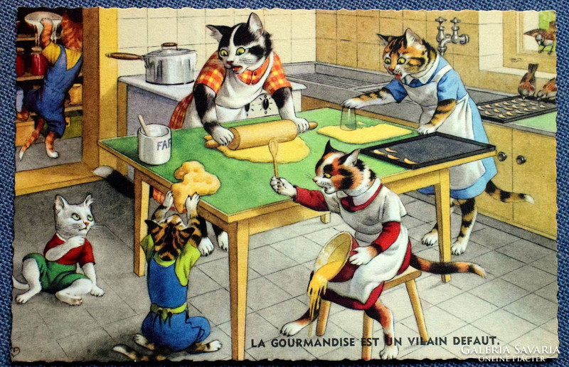 Old retro humorous graphic postcard cat family - kitchen, baking cakes