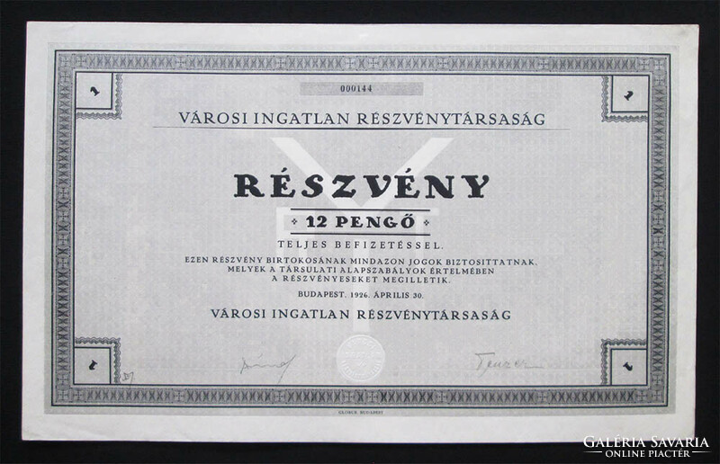 Városi Ingatlan Részvénytársaság részvény 12 pengő 1926