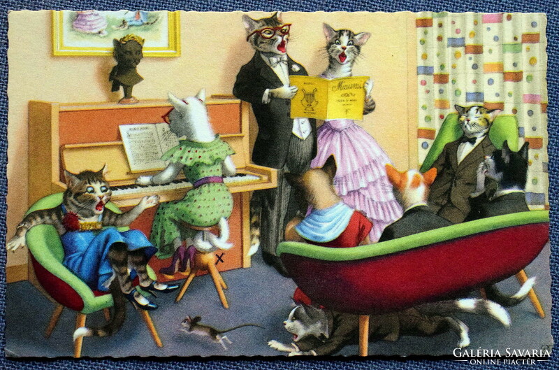 Régi retro humoros grafikus képeslap cica  család  házi koncert