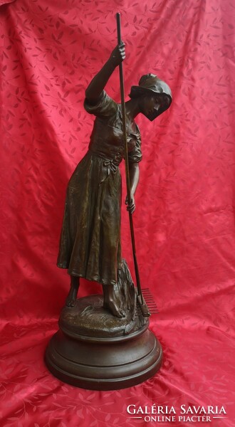 E. J. Nestor carlier(1849-1927): girl with a rake. Large antique statue, rare, marked!