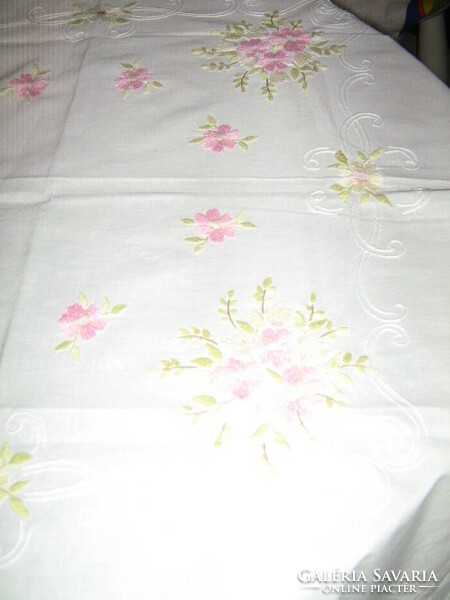 Wonderful hand embroidered spring mood vintage floral needlework tablecloth
