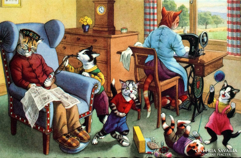 Régi retro humoros grafikus képeslap cica  család , nagymama varr , nagypapa alszik ..