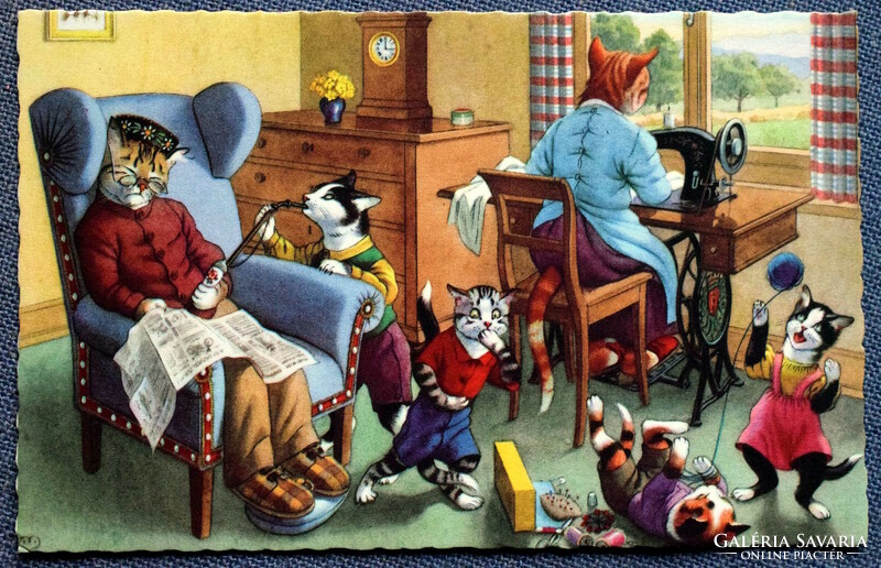 Old retro humorous graphic postcard cat family, grandmother sewing, grandfather sleeping..