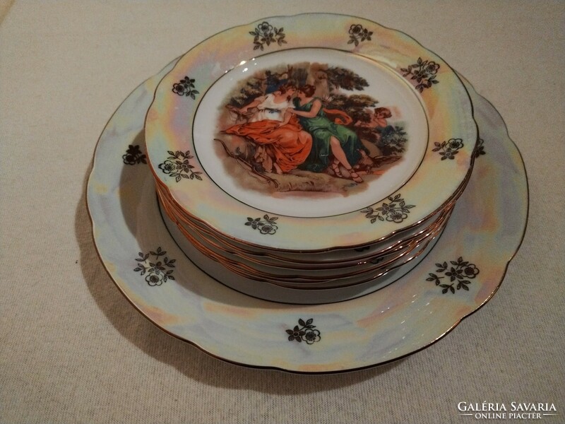 Luster-glazed, scenic German Kahla porcelain cake set