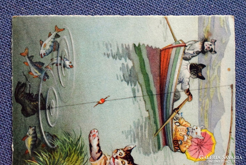 Régi retro humoros grafikus képeslap cica  horgászok, csónakázók