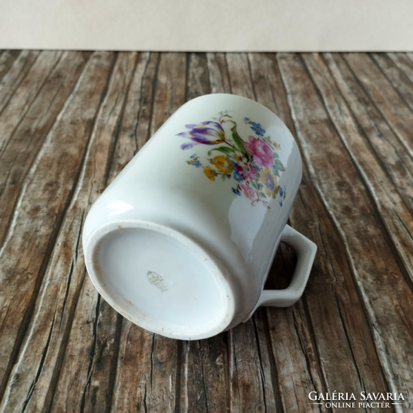 Old Zsolnay porcelain mug with spring flower bouquet pattern from the 1930s