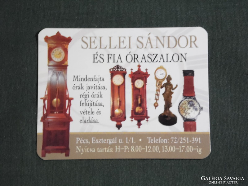 Card calendar, small size, Sándor Sellei watch salon shop, repair, antique wristwatch, standing clock Pécs, 2008, (6)