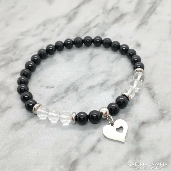 Onyx and rock crystal mineral bracelet with stainless steel spacer