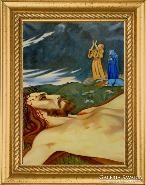 Contemporary work of art. Tragedy on Golgotha. Gyurkovich with sign