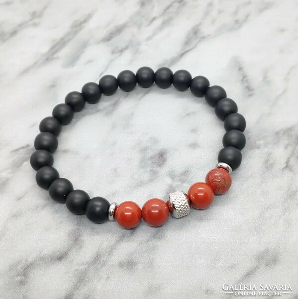 Onyx and jasper mineral bracelet with stainless steel spacer