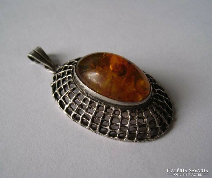 Large fischland amber design silver pendant