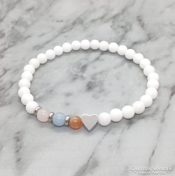 Jade, moonstone, aquamarine, rose quartz mineral bracelet with stainless steel spacer