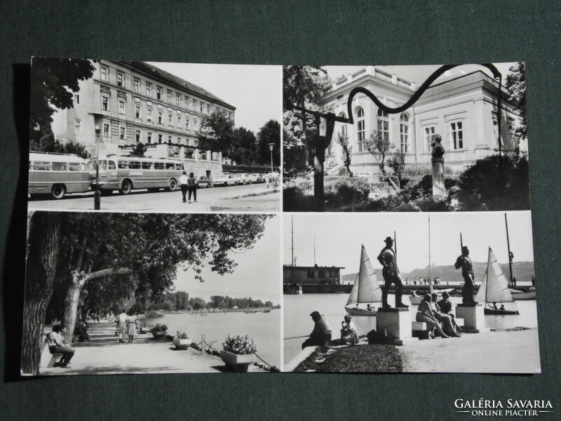 Postcard, Balatonfüred, mosaic details, Jóka memorial house, coastal promenade, Ikarus bus, statue