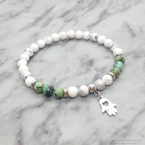 Howlite and African turquoise mineral bracelet with stainless steel spacer
