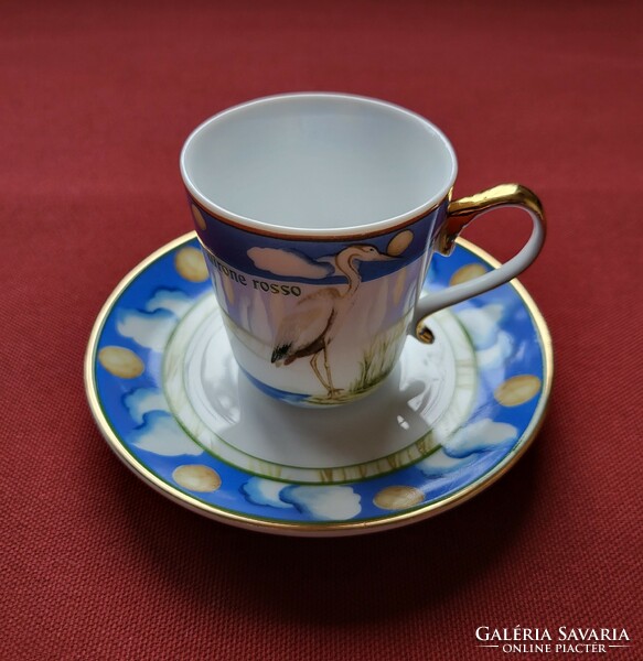 LG francia porcelán kávés szett csésze csészealj tányér airone rosso vörös kócsag madár mintával