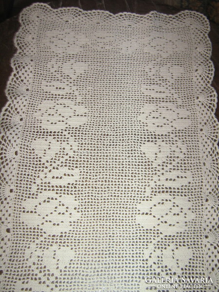Beautiful ecru crocheted antique lace tablecloth large runner