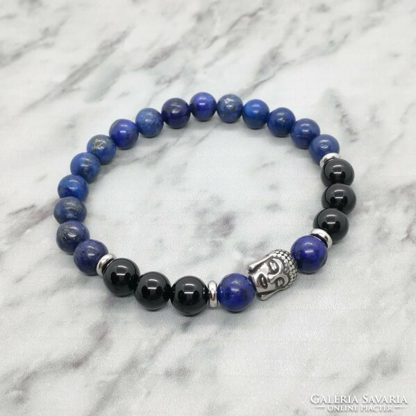 Lapis lazuli and onyx mineral bracelet with stainless steel spacer