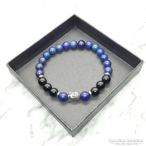 Lapis lazuli and onyx mineral bracelet with stainless steel spacer