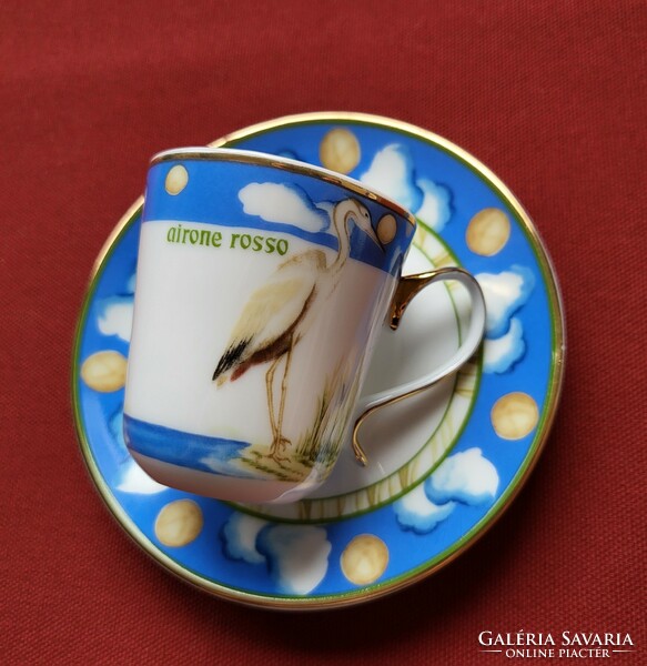 LG francia porcelán kávés szett csésze csészealj tányér airone rosso vörös kócsag madár mintával
