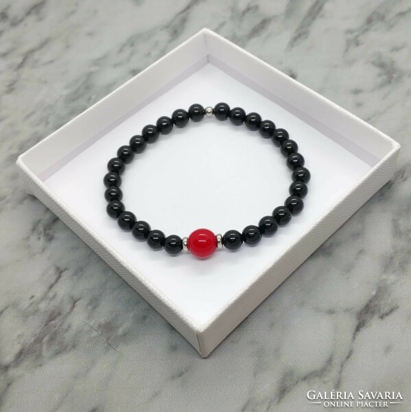 Onyx and coral mineral bracelet with stainless steel spacer