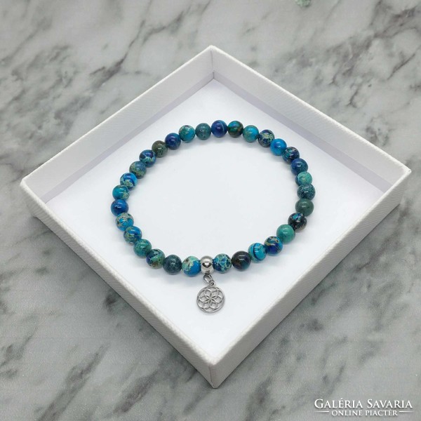 Blue imperial jasper mineral bracelet with stainless steel spacer