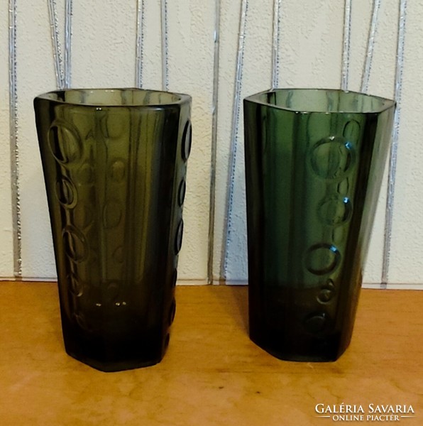 Retro thick village glass vase. Green and smoke color.