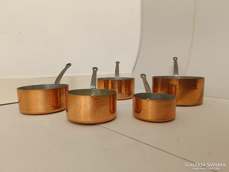 Antique kitchen tool with traces of tin plating, red copper pot, iron handle, set of 5 pieces 235
