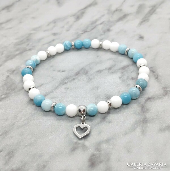Larimar and tridacna mineral bracelet with stainless steel spacer