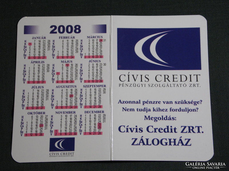 Kártyanaptár, Cívis Credit zálogházak,térképes,kisvárda,Gyöngyös,Szarvas,Püspökladány, 2008, (6)