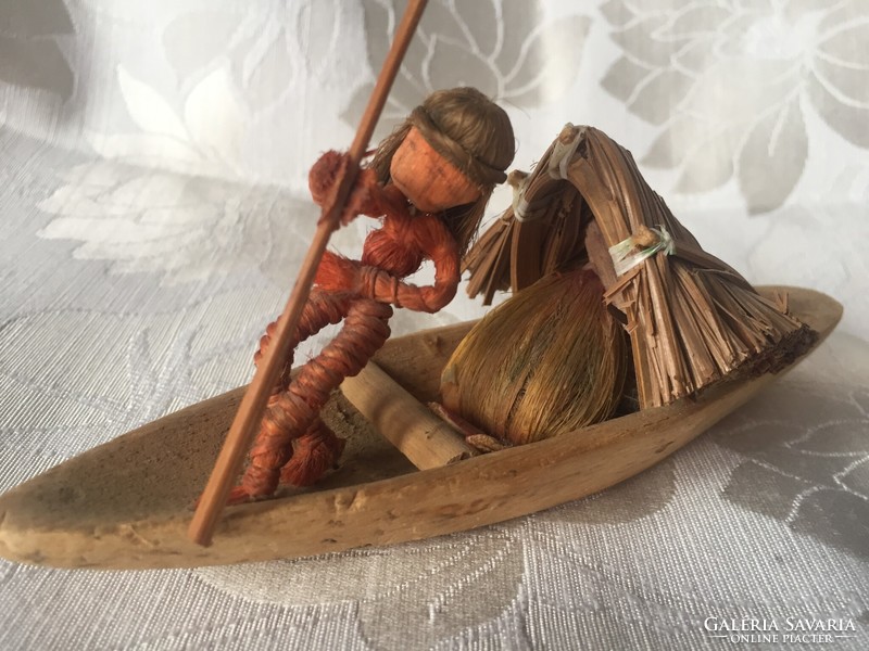 Old Peruvian boat, ship, spulni, thread man, with Indian figure, souvenir, travel souvenir